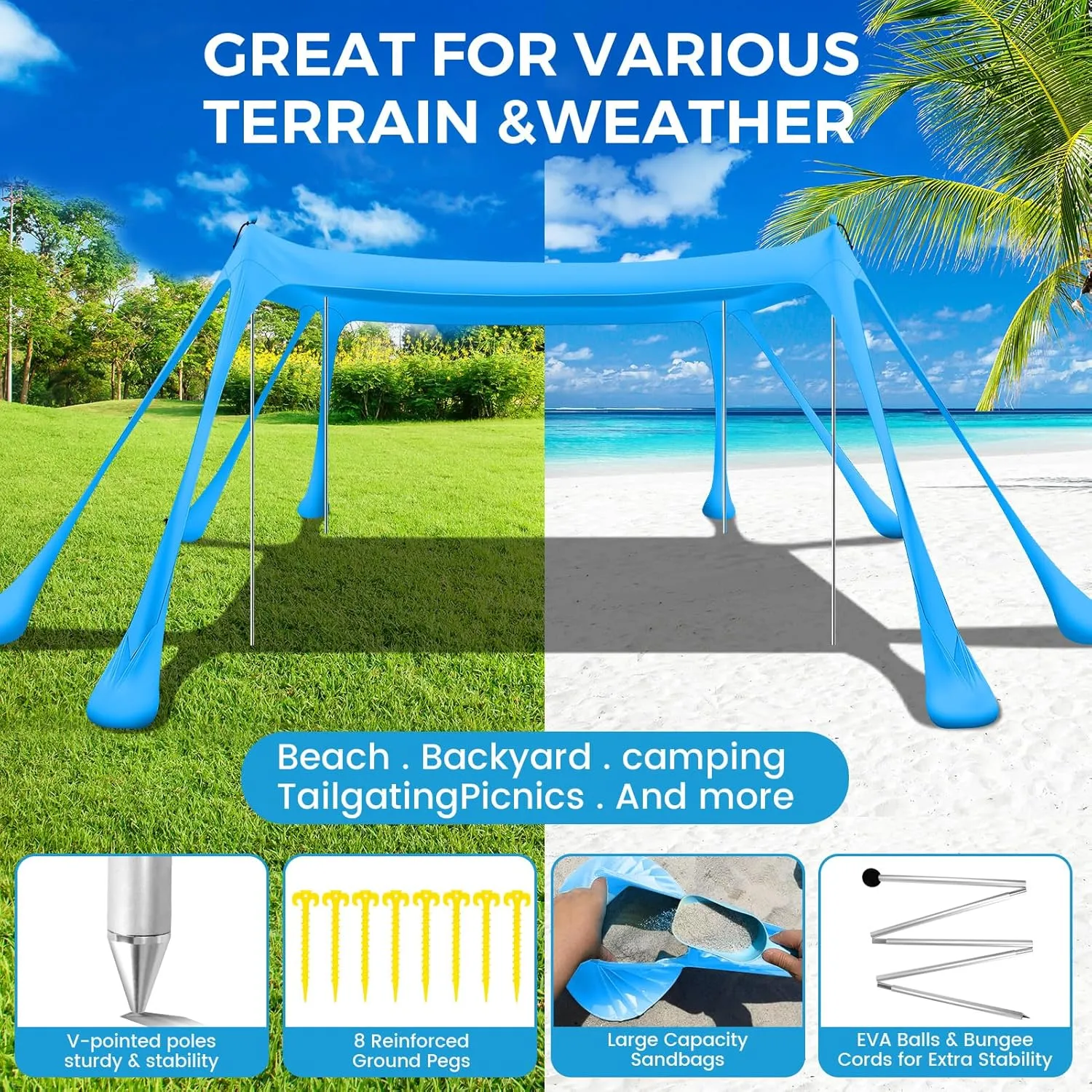 Large Beach Tent Canopy Pop Up Shade 10x10ft Sun Shelter Portable with UPF50  UV Protection 8 Sandbags 4 Aluminum Poles 2 Sand Shovel Ground Pegs Carrying Bag for Outdoor Camping Fishing Yard Picnics
