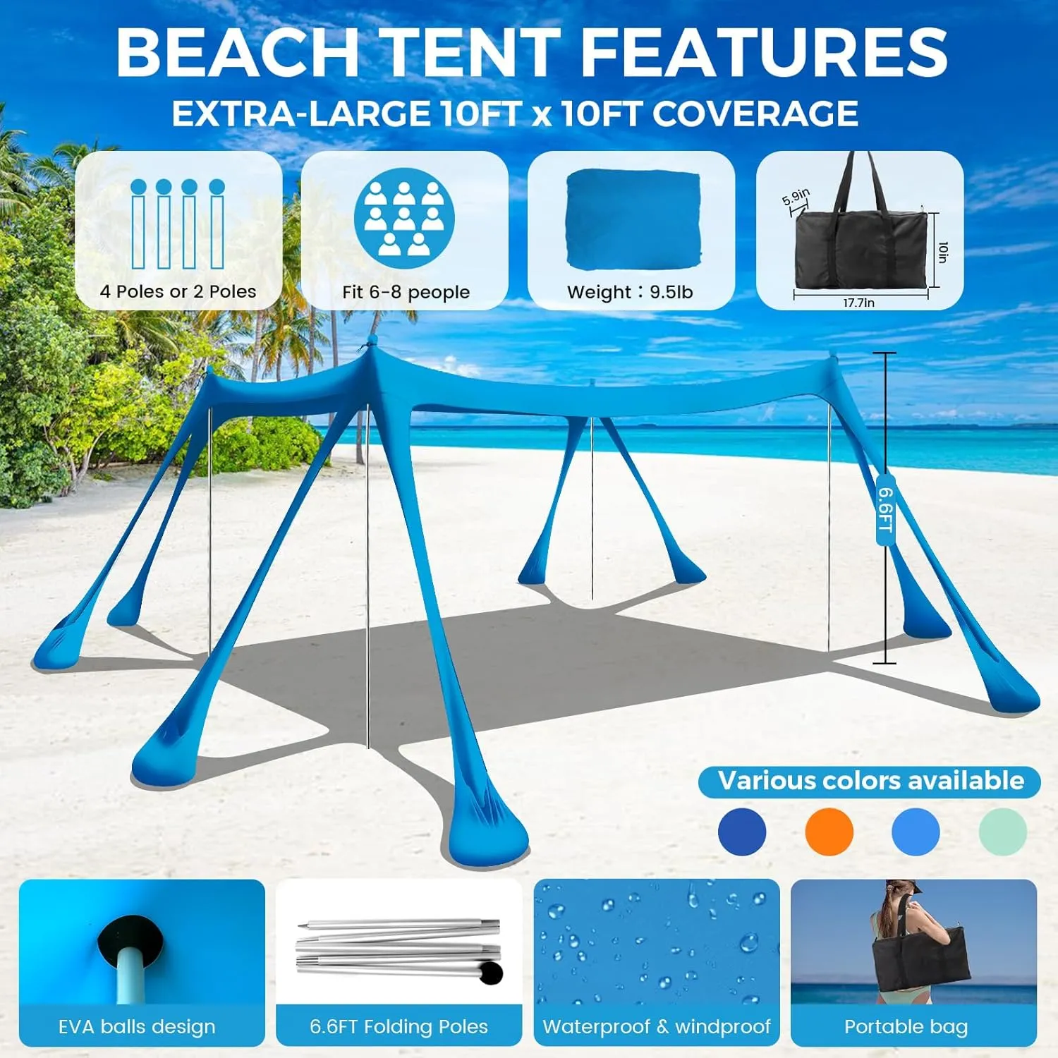 Large Beach Tent Canopy Pop Up Shade 10x10ft Sun Shelter Portable with UPF50  UV Protection 8 Sandbags 4 Aluminum Poles 2 Sand Shovel Ground Pegs Carrying Bag for Outdoor Camping Fishing Yard Picnics