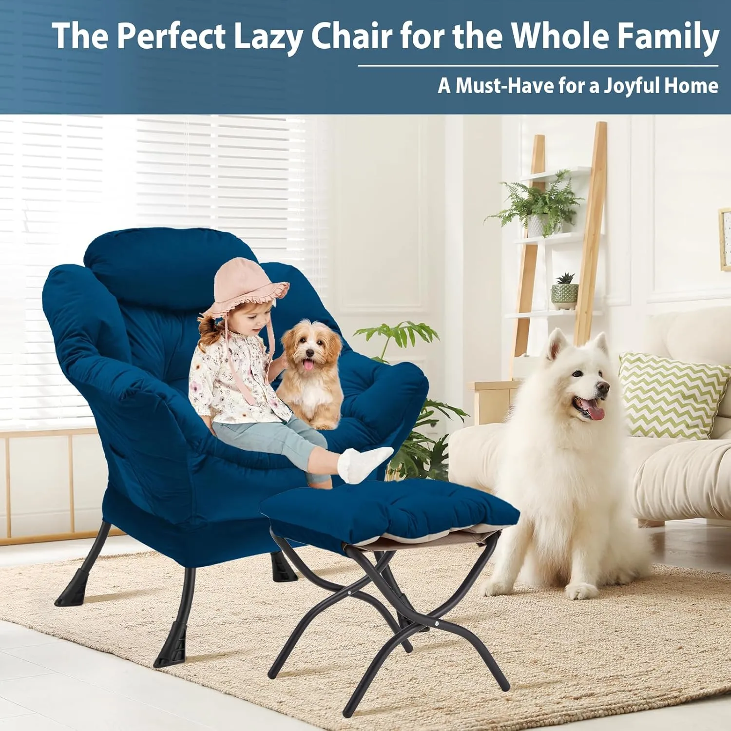 Lazy Chair with Folding Ottoman, Accent Chair Velvet Upholstered with Metal Structure and Non-Slip Pads, Sofa Armchair with Footrest and Side Storage Bag for Dorm, Room, Office, Blue