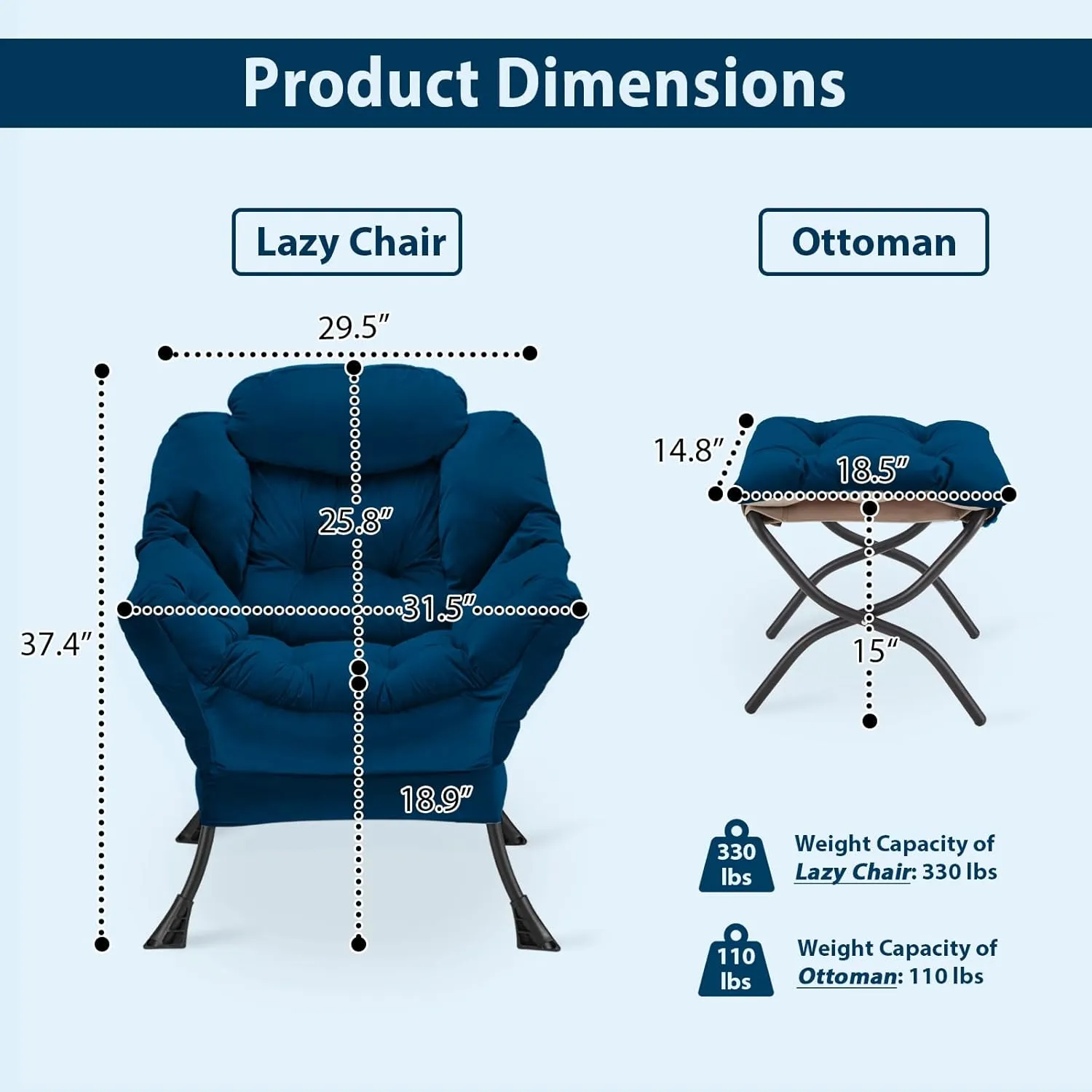 Lazy Chair with Folding Ottoman, Accent Chair Velvet Upholstered with Metal Structure and Non-Slip Pads, Sofa Armchair with Footrest and Side Storage Bag for Dorm, Room, Office, Blue