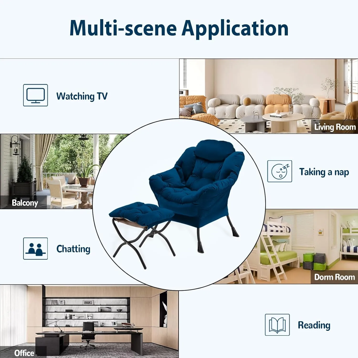 Lazy Chair with Folding Ottoman, Accent Chair Velvet Upholstered with Metal Structure and Non-Slip Pads, Sofa Armchair with Footrest and Side Storage Bag for Dorm, Room, Office, Blue