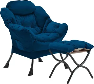 Lazy Chair with Folding Ottoman, Accent Chair Velvet Upholstered with Metal Structure and Non-Slip Pads, Sofa Armchair with Footrest and Side Storage Bag for Dorm, Room, Office, Blue