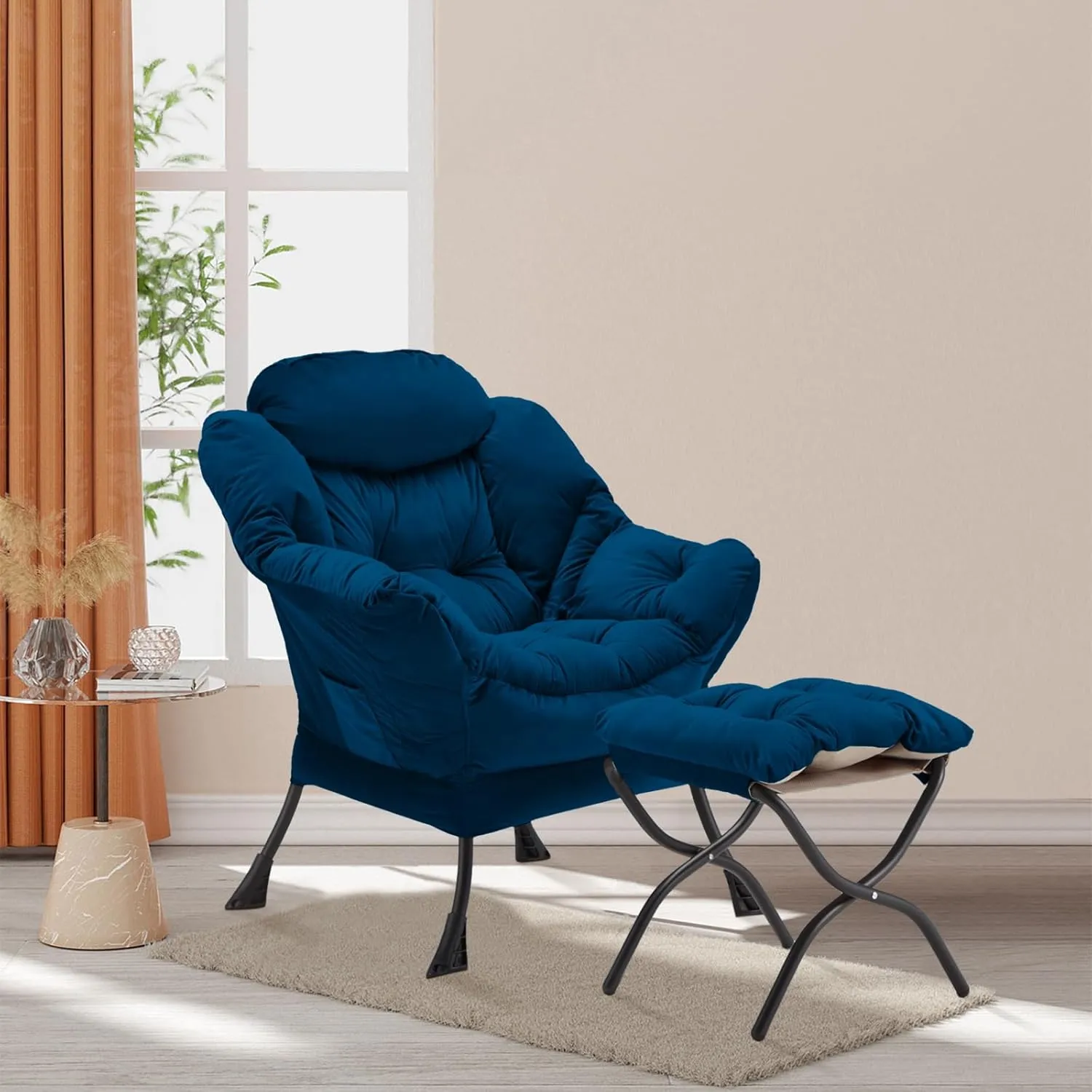 Lazy Chair with Folding Ottoman, Accent Chair Velvet Upholstered with Metal Structure and Non-Slip Pads, Sofa Armchair with Footrest and Side Storage Bag for Dorm, Room, Office, Blue