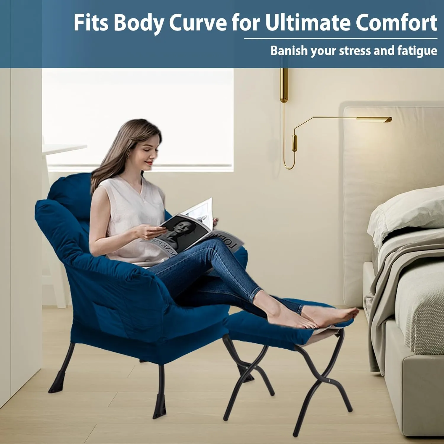 Lazy Chair with Folding Ottoman, Accent Chair Velvet Upholstered with Metal Structure and Non-Slip Pads, Sofa Armchair with Footrest and Side Storage Bag for Dorm, Room, Office, Blue