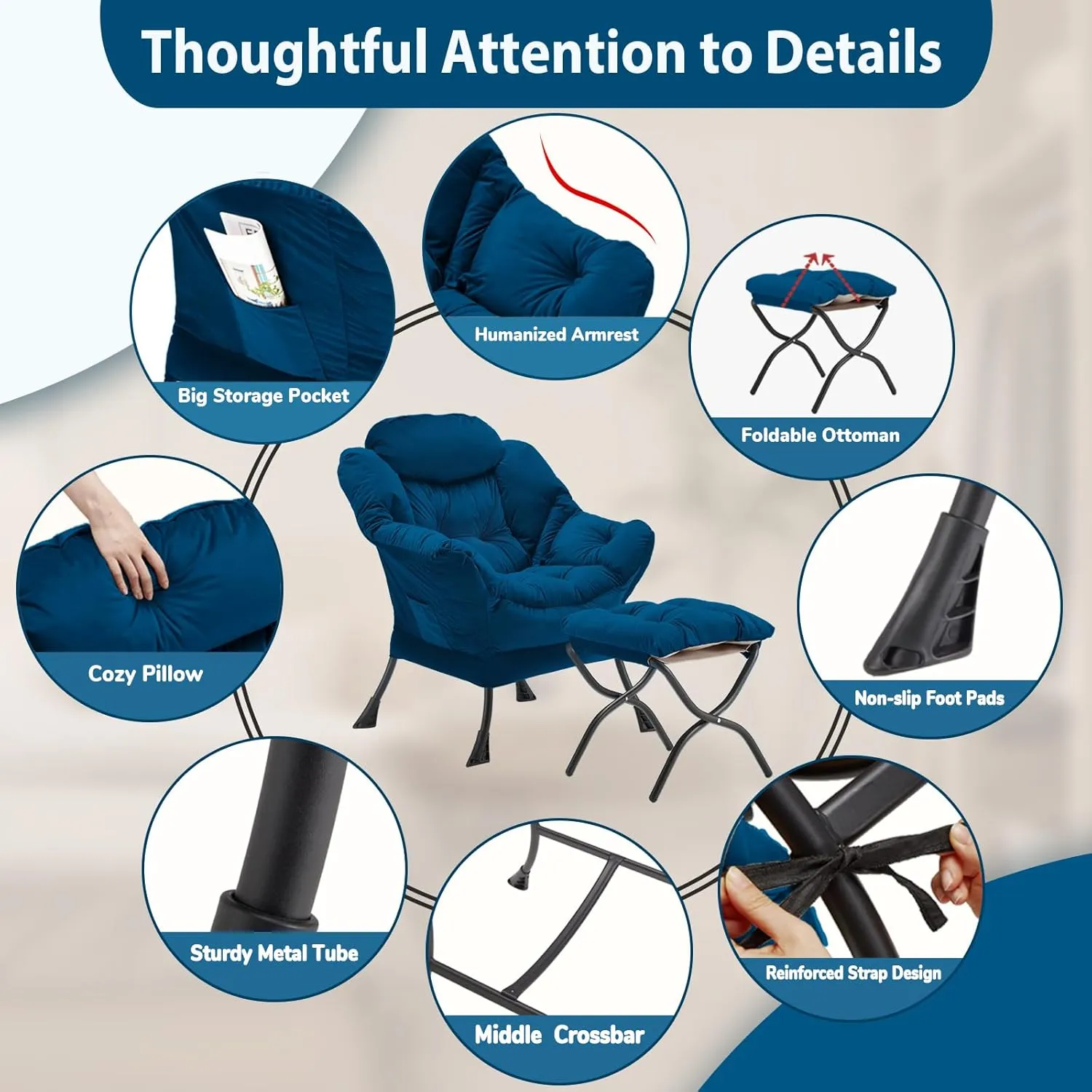 Lazy Chair with Folding Ottoman, Accent Chair Velvet Upholstered with Metal Structure and Non-Slip Pads, Sofa Armchair with Footrest and Side Storage Bag for Dorm, Room, Office, Blue