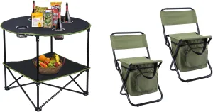 LEADALLWAY Camping Tables That Fold Up Lightweight Portable Outdoor Table with 4 Cup Holders 2 Piece Fishing Chair with Cooler Bag