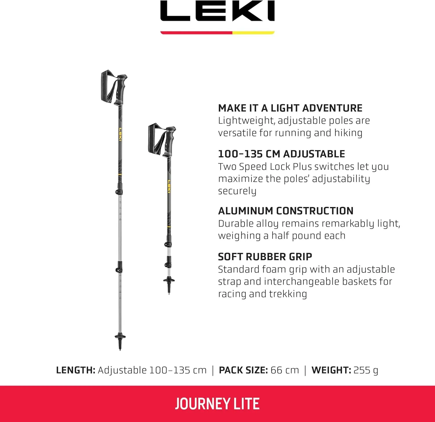 LEKI Journey Lite Aluminum Adjustable Lightweight Walking Poles for Trekking & Hiking
