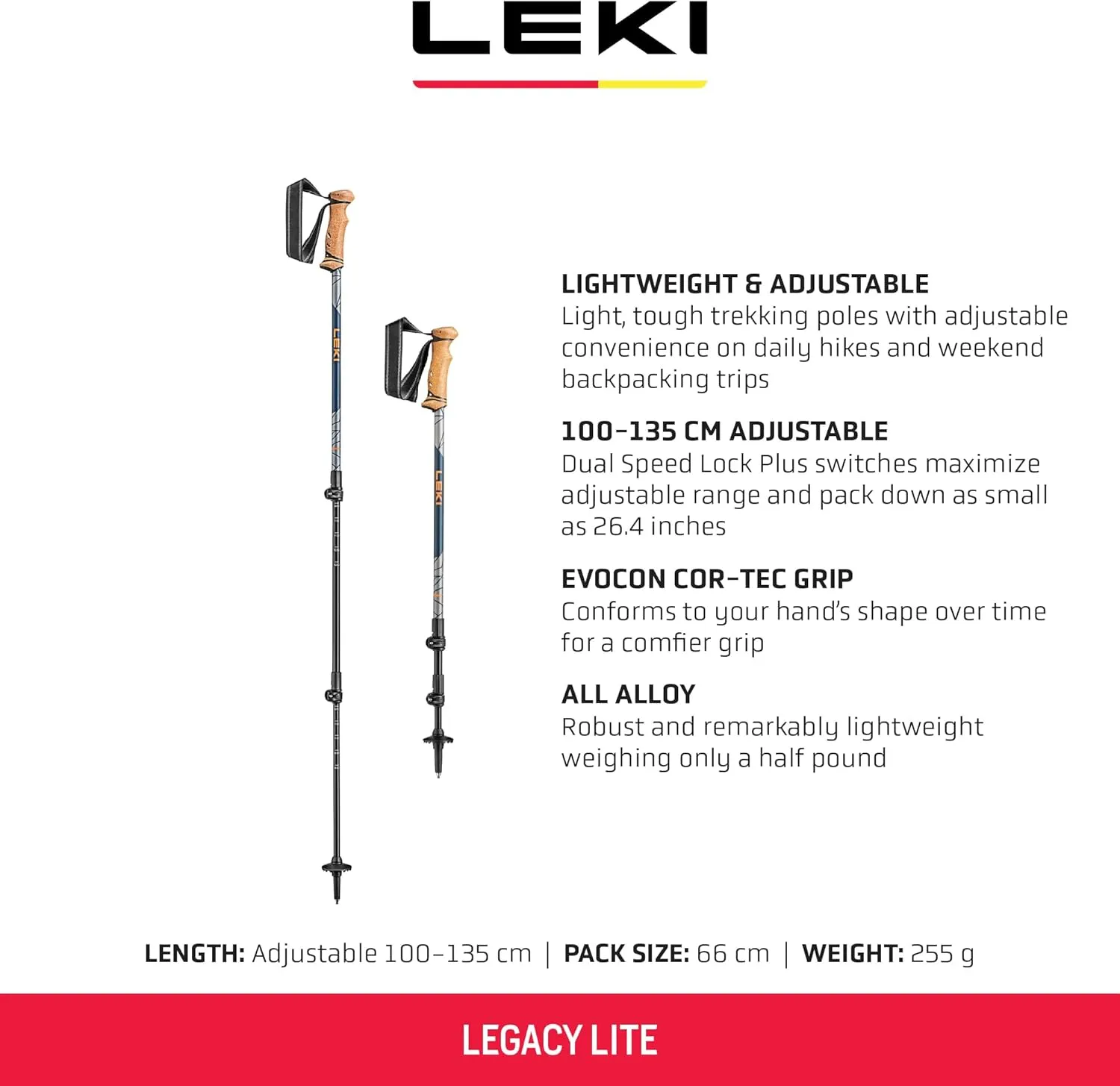 LEKI Legacy Lite Aluminum Adjustable Lightweight Walking Poles for Trekking & Hiking