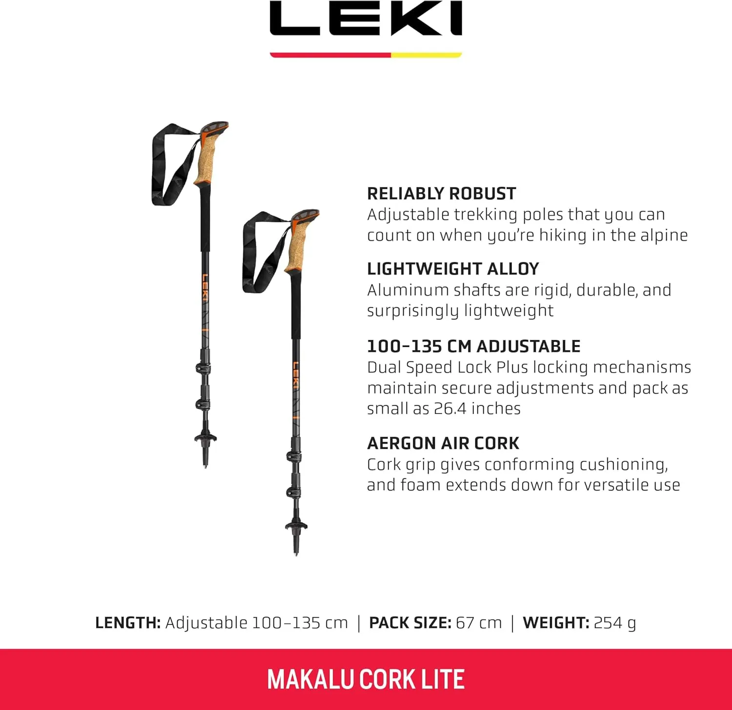 LEKI Makalu Cork Lite Aluminum Adjustable Lightweight Walking Poles for Trekking & Hiking