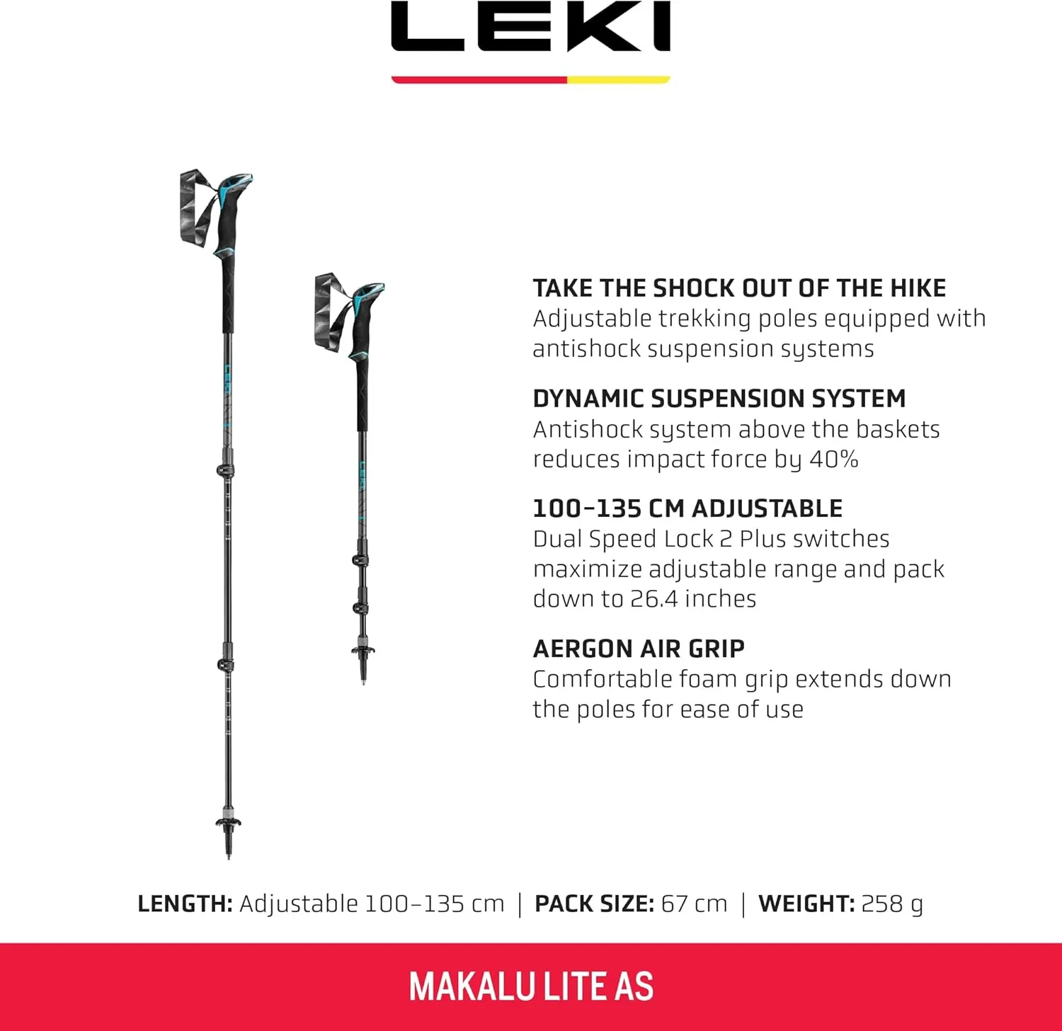 LEKI Makalu Lite AS Aluminum Adjustable Lightweight Walking Poles for Trekking & Hiking
