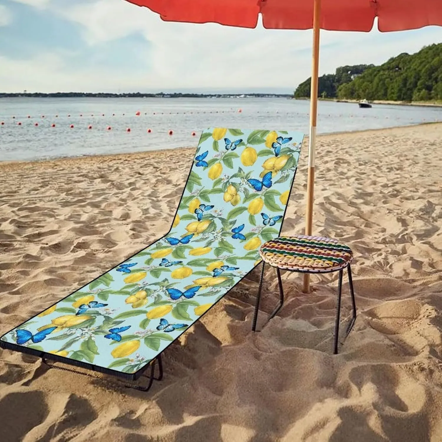 Lemon Leaves Flowers Blue Butterflies Print Beach Chair Towel Cover Waterproof Pool Sunbathing Lawn Lounger Recliner Chairs Towels Covers for Women