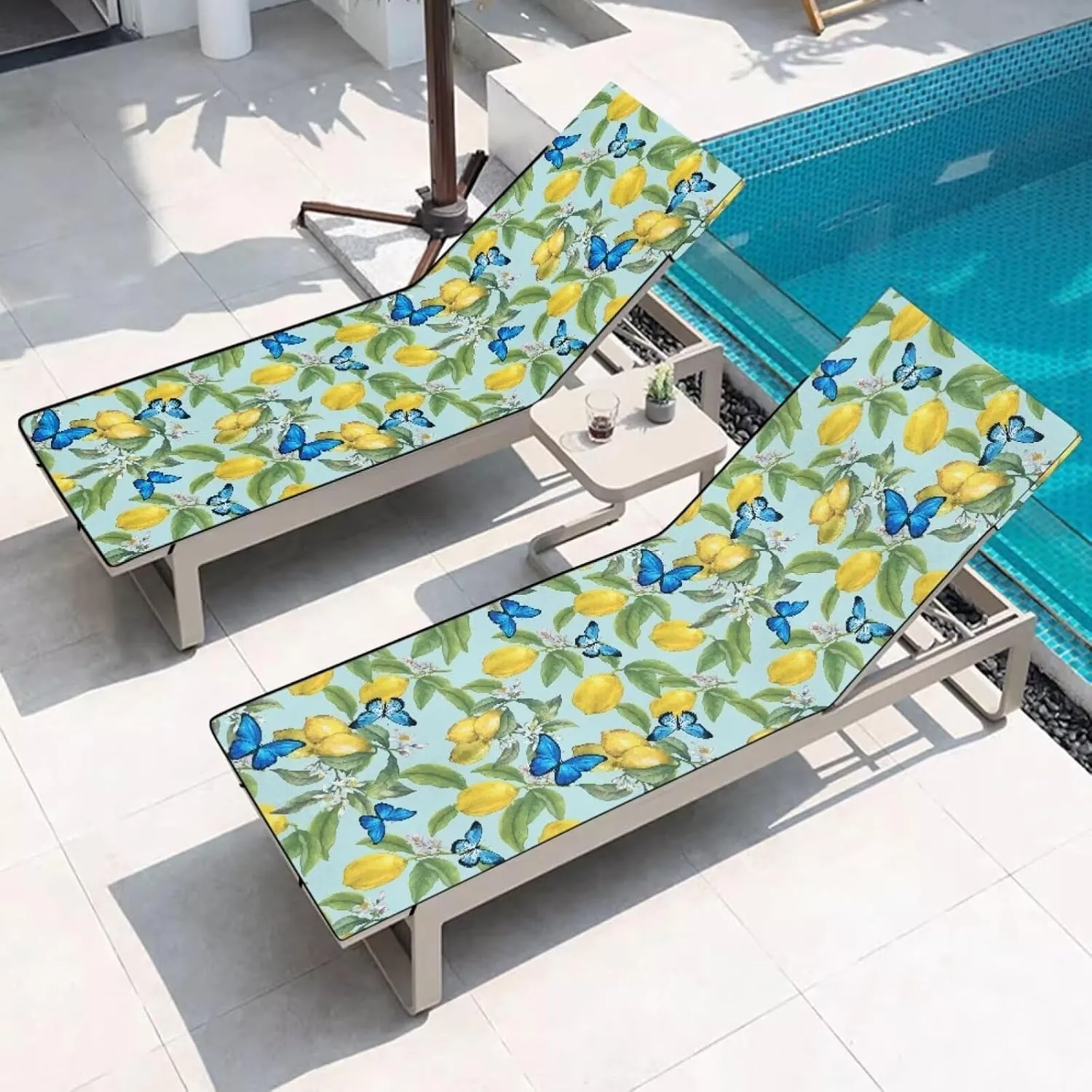 Lemon Leaves Flowers Blue Butterflies Print Beach Chair Towel Cover Waterproof Pool Sunbathing Lawn Lounger Recliner Chairs Towels Covers for Women