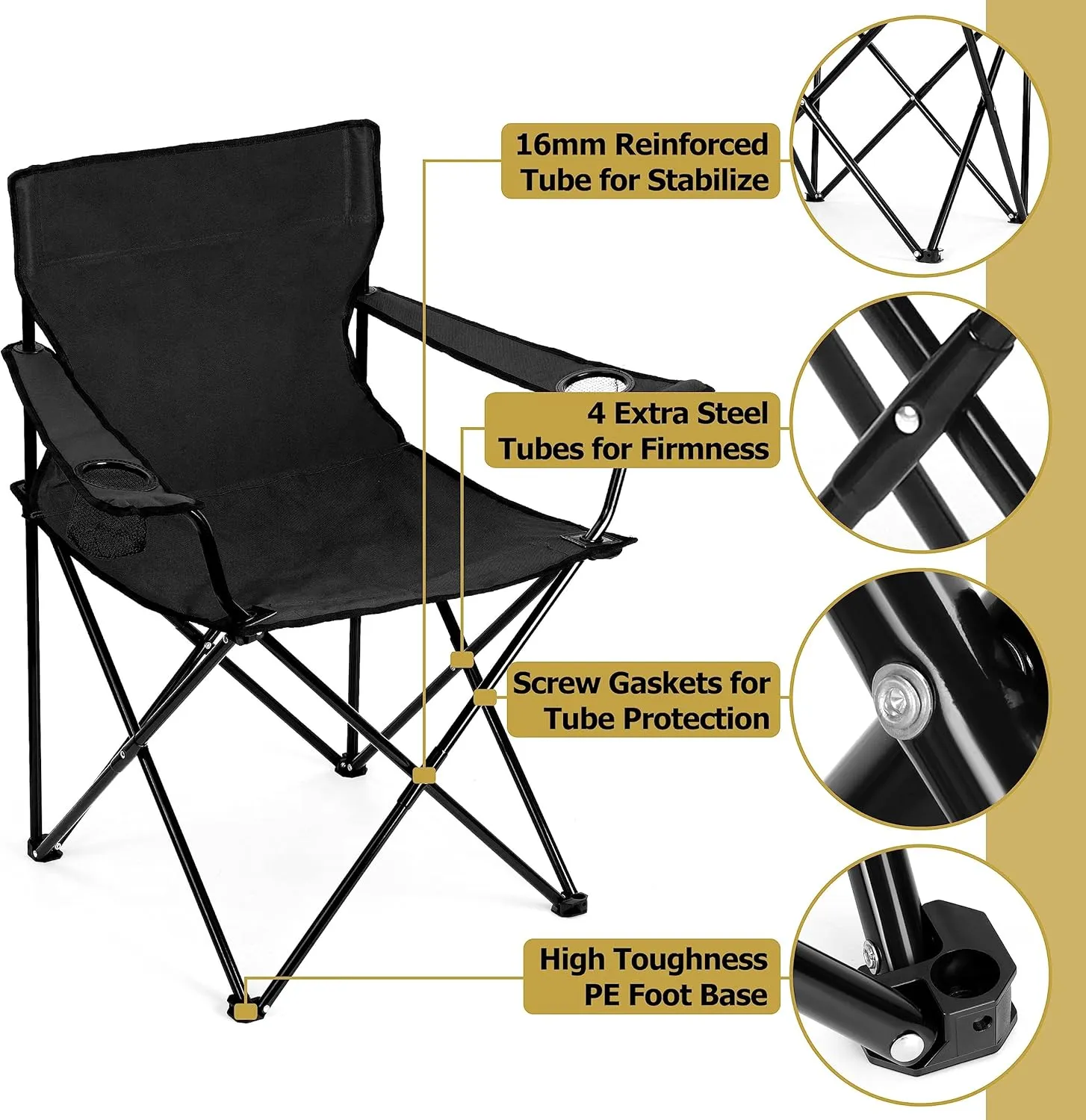 Leonyo Folding Camping Chair, Outdoor Camping Portable Lawn Chair for Adults with Cup Holders, Carrying Bag for Outside Beach, Hiking, Sports, Black