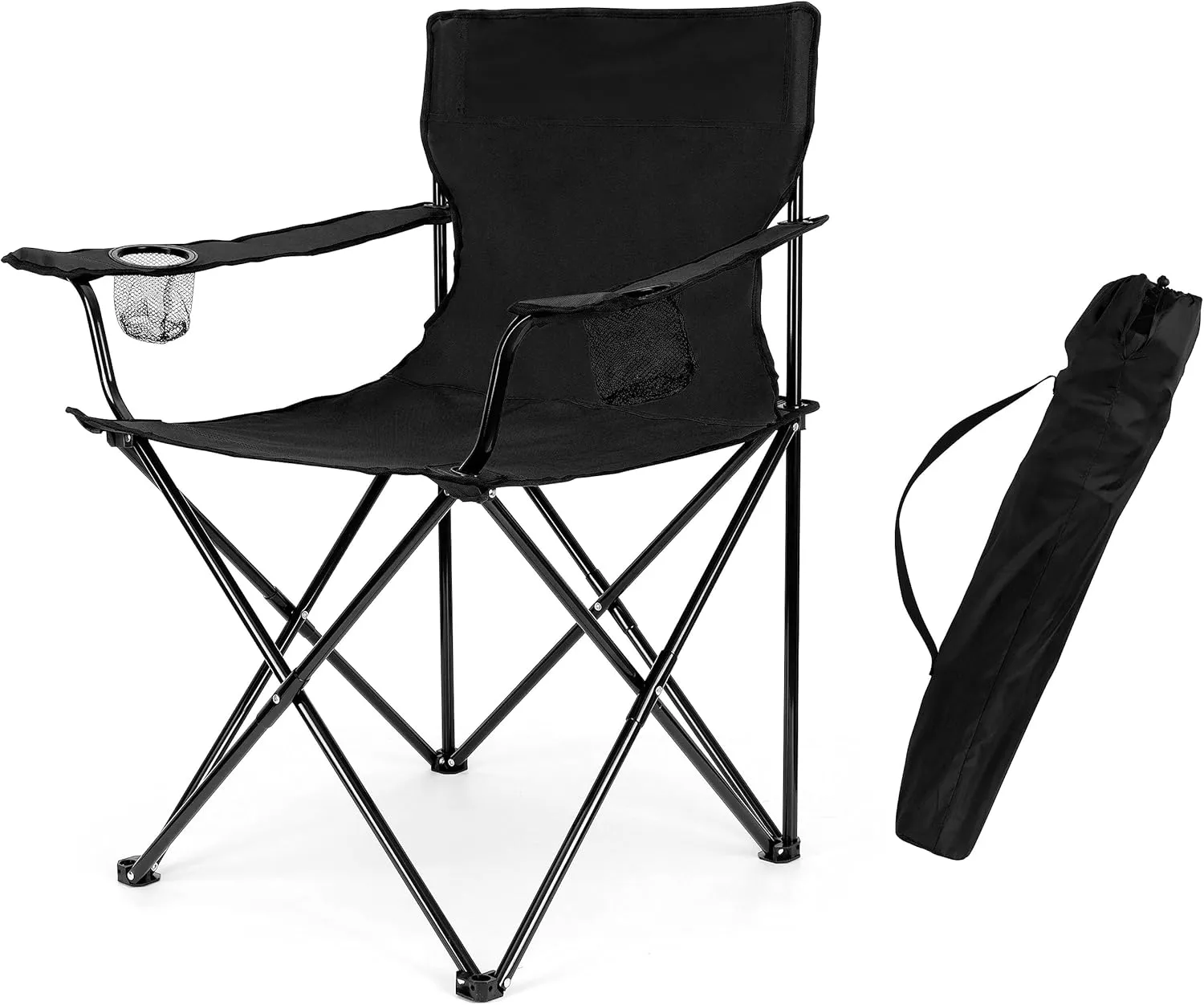 Leonyo Folding Camping Chair, Outdoor Camping Portable Lawn Chair for Adults with Cup Holders, Carrying Bag for Outside Beach, Hiking, Sports, Black