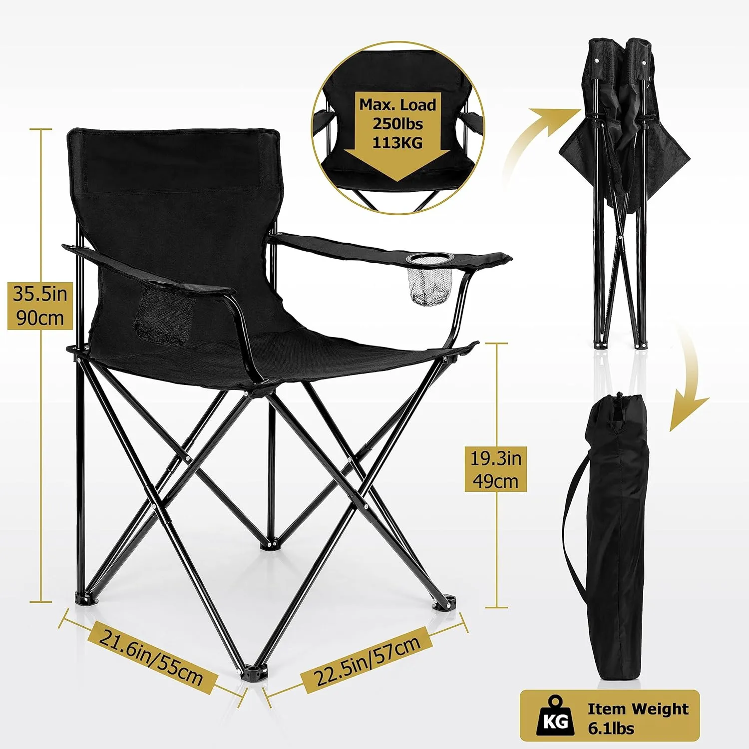 Leonyo Folding Camping Chair, Outdoor Camping Portable Lawn Chair for Adults with Cup Holders, Carrying Bag for Outside Beach, Hiking, Sports, Black