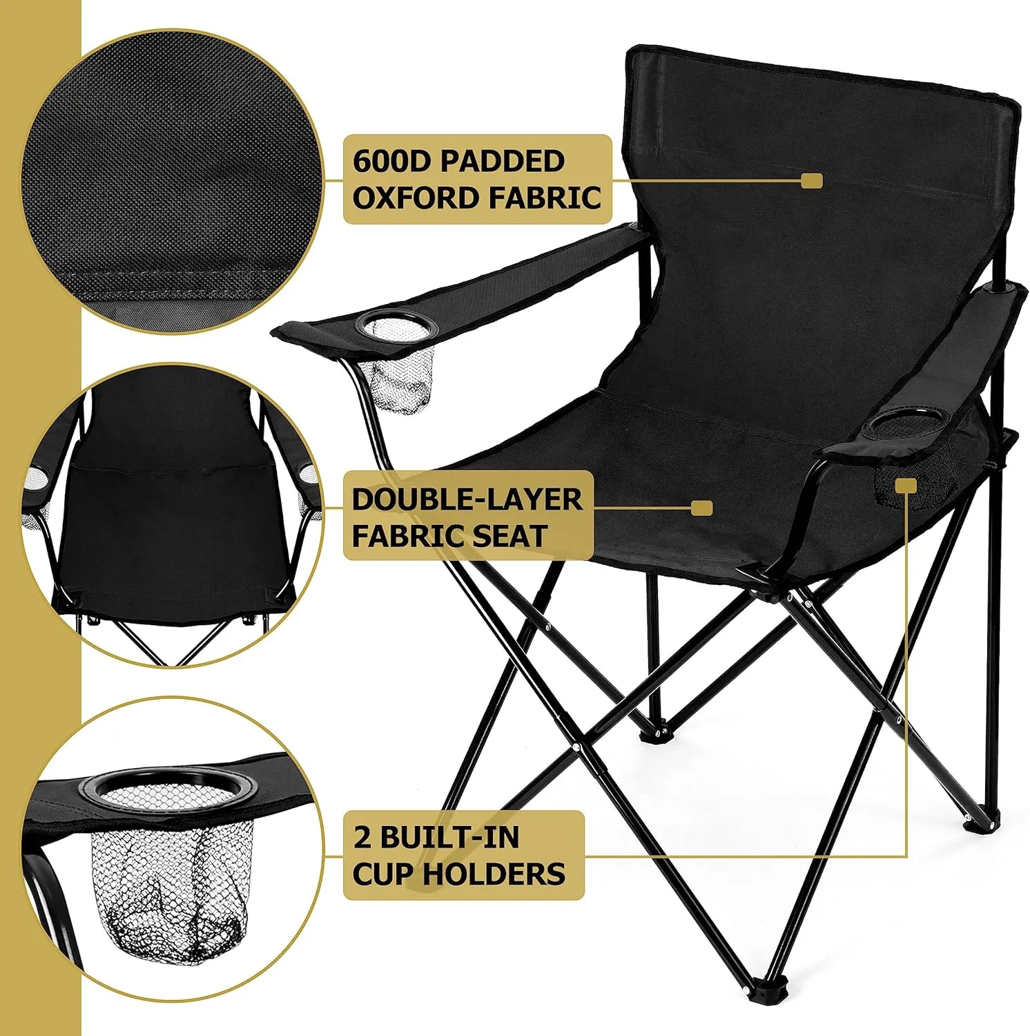 Leonyo Folding Camping Chair, Outdoor Camping Portable Lawn Chair for Adults with Cup Holders, Carrying Bag for Outside Beach, Hiking, Sports, Black