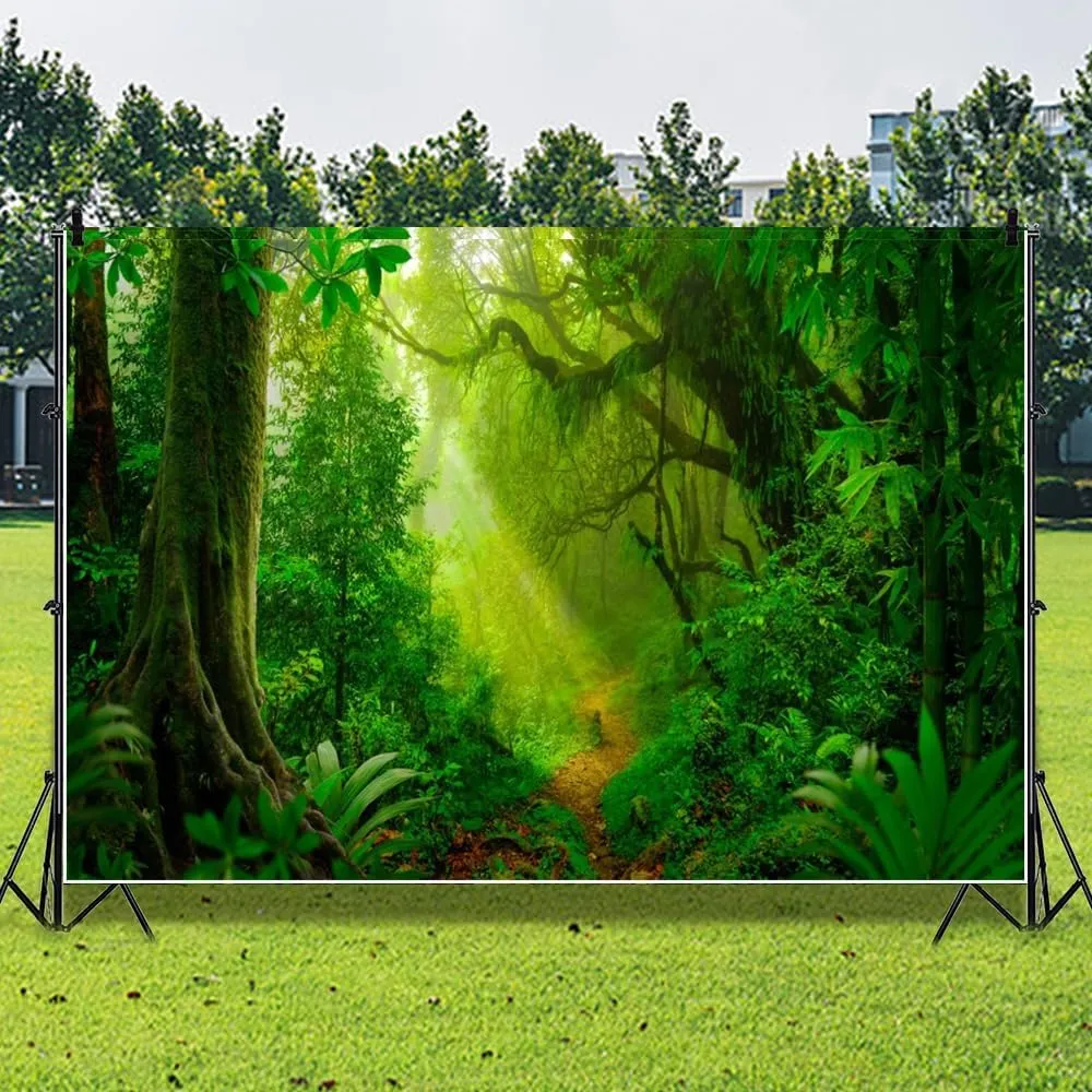 Leowefowa Green Forest Photography Backdrop 12x8ft Spring Mistery Forest Nature Scenery Background Jungle Wood Landscape Green Grassland Camping Outdoor Party Banner Decor Supplies Prop