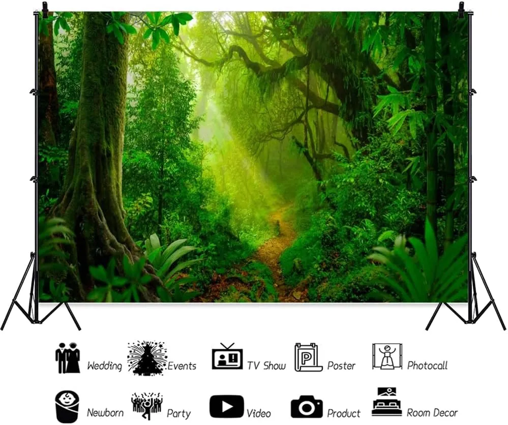 Leowefowa Green Forest Photography Backdrop 12x8ft Spring Mistery Forest Nature Scenery Background Jungle Wood Landscape Green Grassland Camping Outdoor Party Banner Decor Supplies Prop