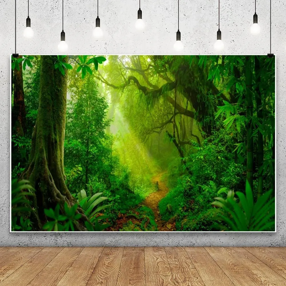 Leowefowa Green Forest Photography Backdrop 12x8ft Spring Mistery Forest Nature Scenery Background Jungle Wood Landscape Green Grassland Camping Outdoor Party Banner Decor Supplies Prop