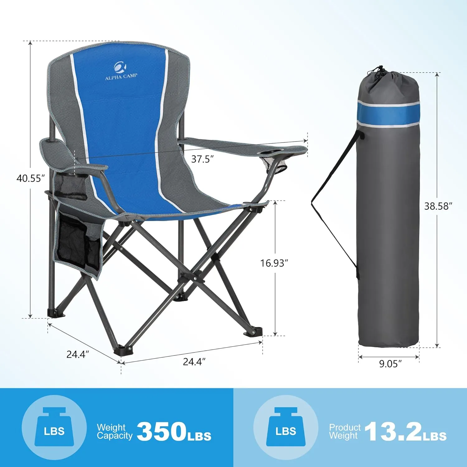 LET'S CAMP Oversized Outdoor Folding Camping Chair, 2 Pack Heavy Duty Arm Chairs with Cup Holder and Storage Bag, 350 LBS Weight Capacity, Blue