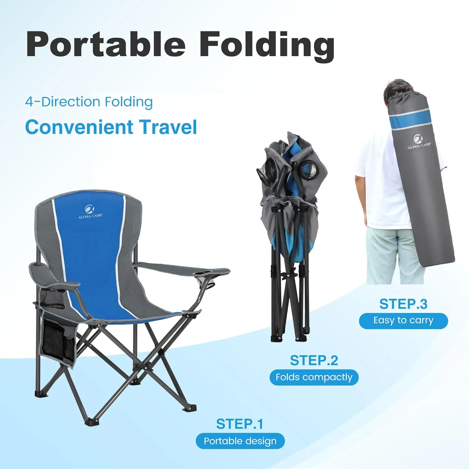 LET'S CAMP Oversized Outdoor Folding Camping Chair, 2 Pack Heavy Duty Arm Chairs with Cup Holder and Storage Bag, 350 LBS Weight Capacity, Blue