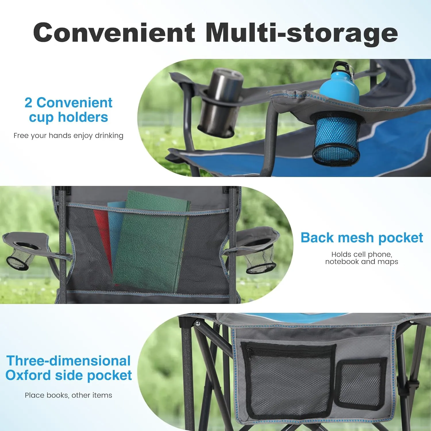 LET'S CAMP Oversized Outdoor Folding Camping Chair, 2 Pack Heavy Duty Arm Chairs with Cup Holder and Storage Bag, 350 LBS Weight Capacity, Blue