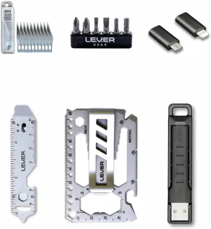 Lever Gear Ultimate EDC Bundle - Gift Pack Includes Toolcard Pro Wallet Card Tool With Money Clip, Edge XT Keychain Utility Tool, Cablekit Portable USB Cable And More. (Silver)