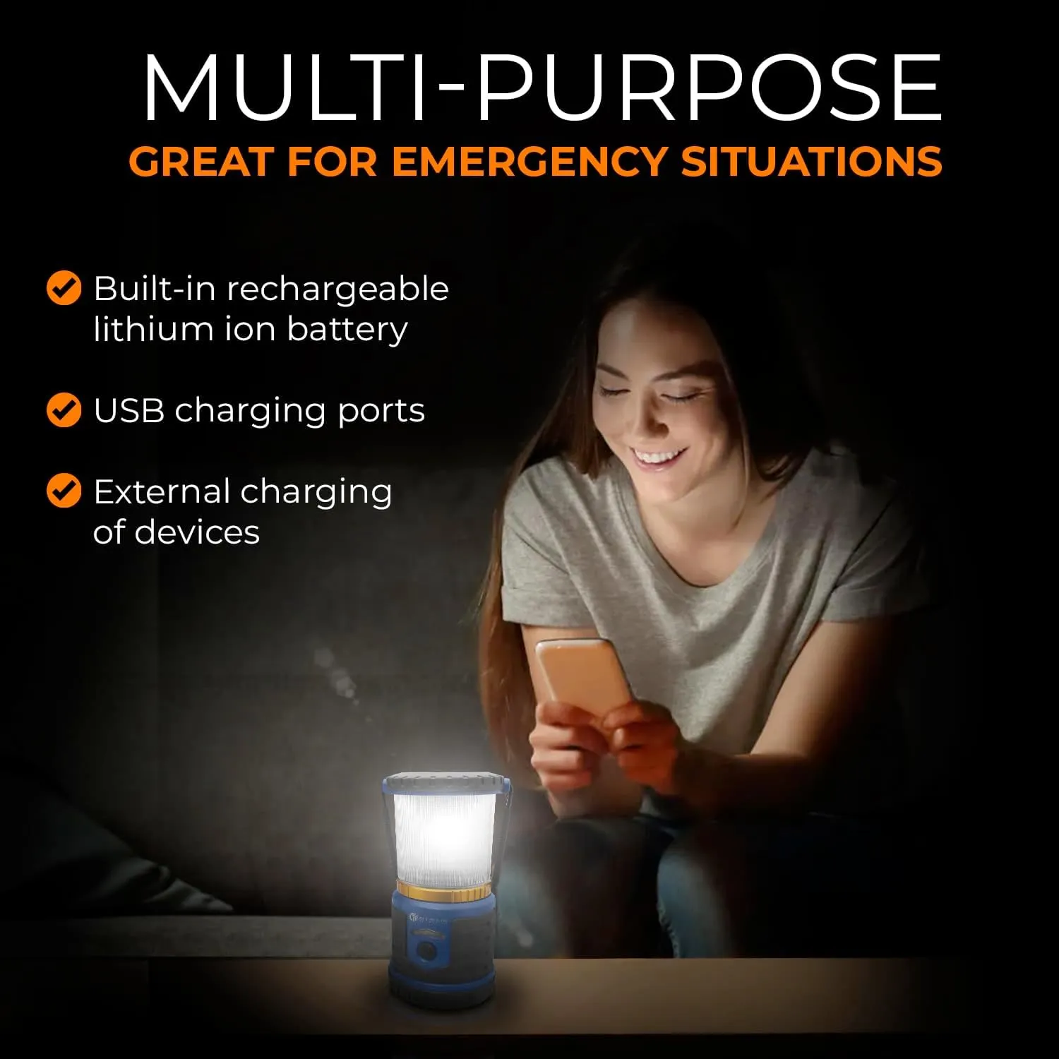 LFI Lights | Rugged Emergency Lantern for Power Outages, Storms, Survival Kit | Up to 200 Hrs of Light| Charges Cell Phone | Rechargeable Battery | Water Resistant | 6 LED Modes | 1 Pack | RZLPRF-R3L