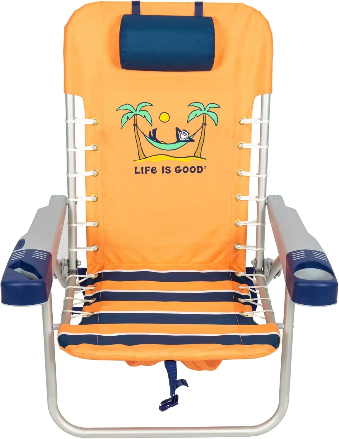 Life is Good 4-Position Lace-up Backpack Beach Chair with Pillow, Cup and Phone Holder, Canyon Orange