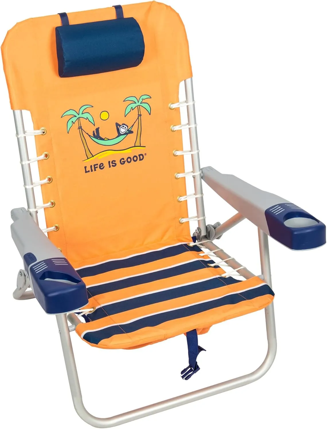 Life is Good 4-Position Lace-up Backpack Beach Chair with Pillow, Cup and Phone Holder, Canyon Orange