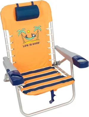 Life is Good 4-Position Lace-up Backpack Beach Chair with Pillow, Cup and Phone Holder, Canyon Orange
