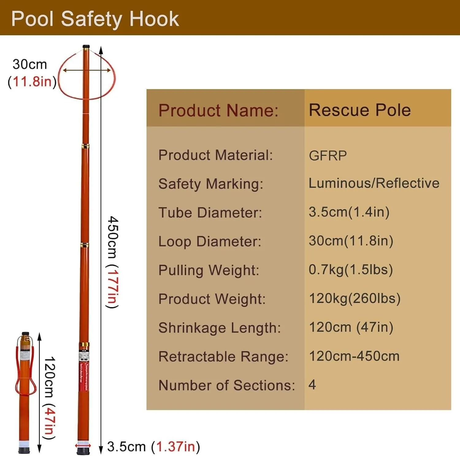 Lifesaving Hook - Rescue Pole for Pool, Lake - High Visibility Emergency Floating Hook with Aluminum Handle - Water Safety Device for First Responders(450cm(177in/14ft))