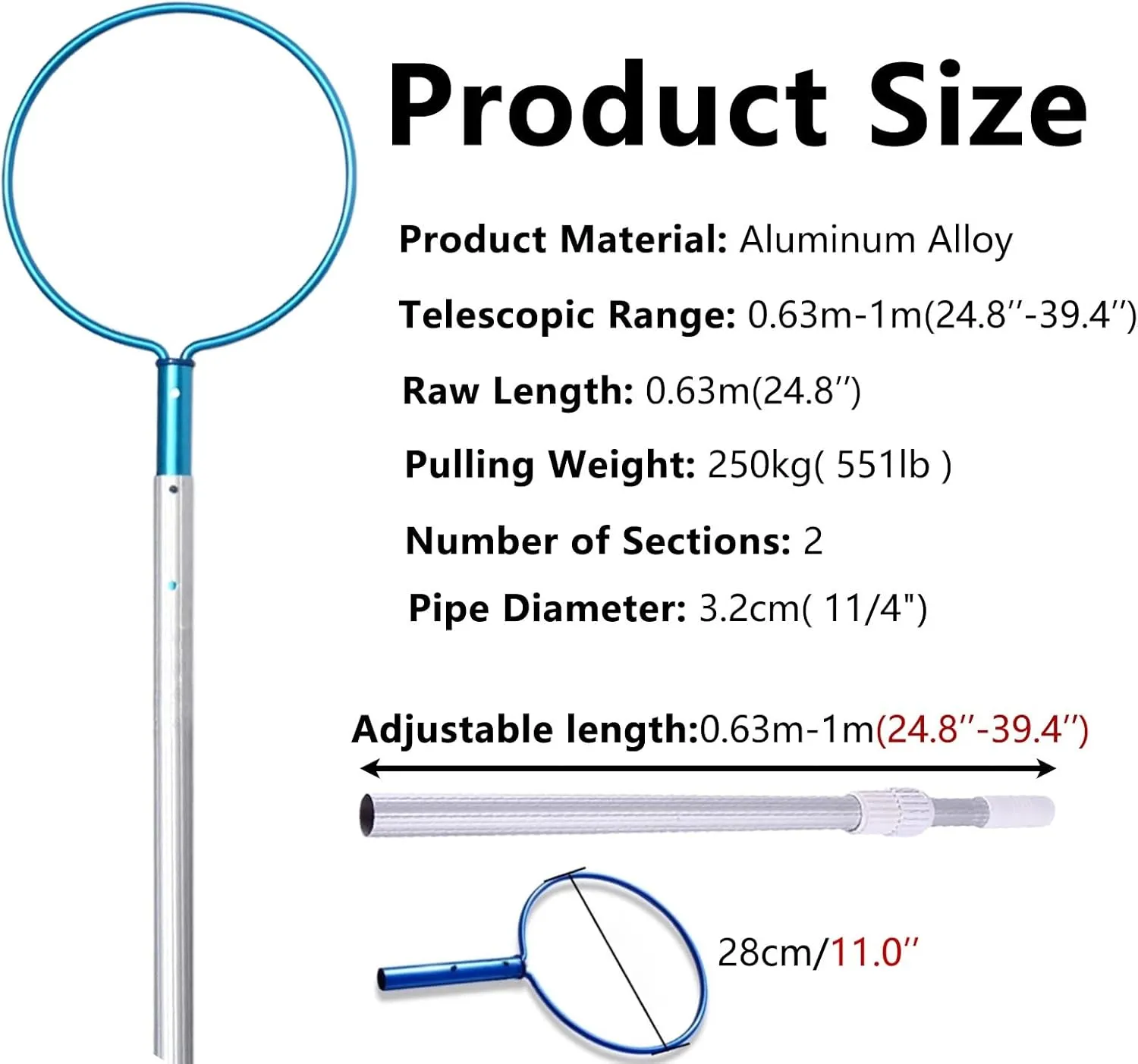 Lifesaving Pole Rescue Pole Non-Slip Handle Emergency Saving Pole, Lightweight Salvage Rods with Aluminum Telescopic Poles, Multi-use Saving Equipment for Water Parks(H 1 m/3.3 ft)