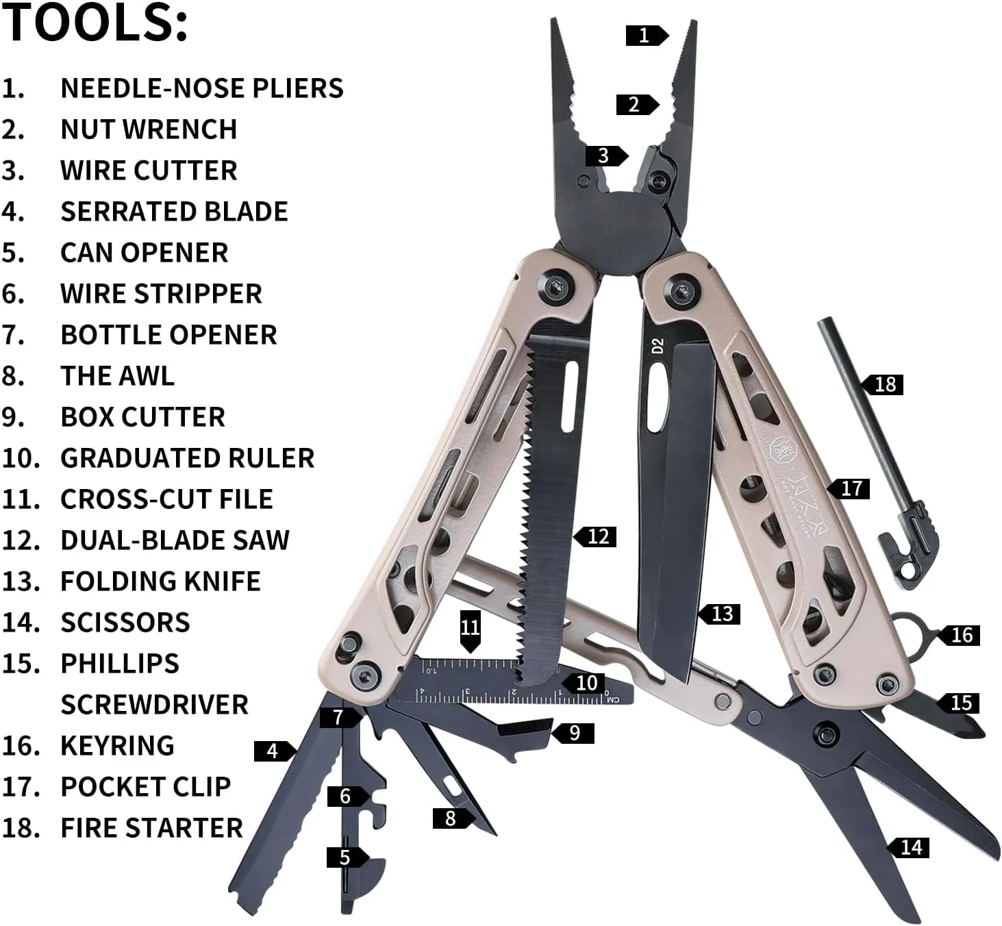 Light Seeking multitool 20-in-1 EDC Multi tool with Needle Nose Pliers and Wire Stripper Tools, Gifts for Men, Survival and Camping Gear, D2 Steel, sand (Light Seeking D2 steel, sand)