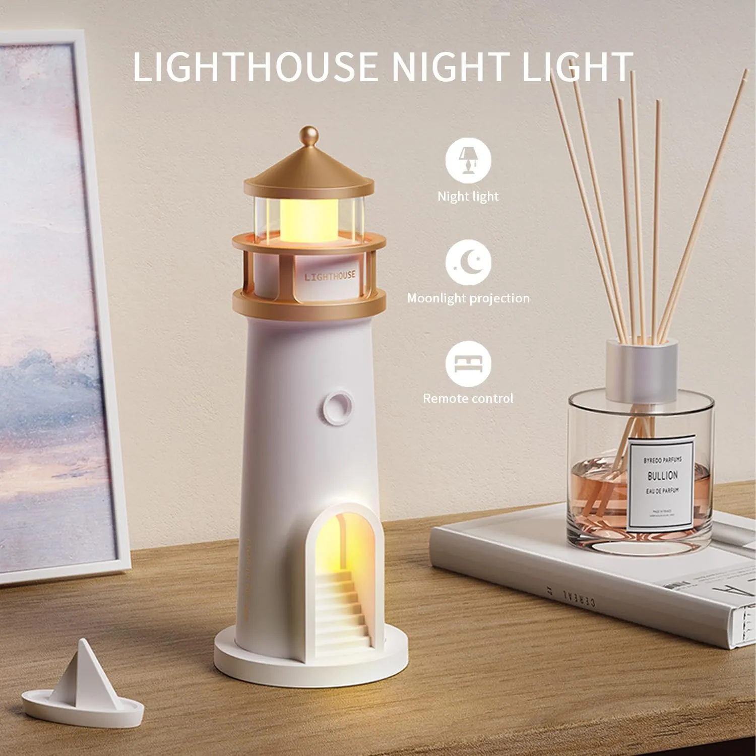 Lighthouse Lamp with Moon Cordless Table Lamps Night Lamp Remote Control Bluetooth Rechargeable Moon Projection Lantern Desktop Creative Decor Gifts for Kids, Mother, Gifts, Bedroom, Nursery