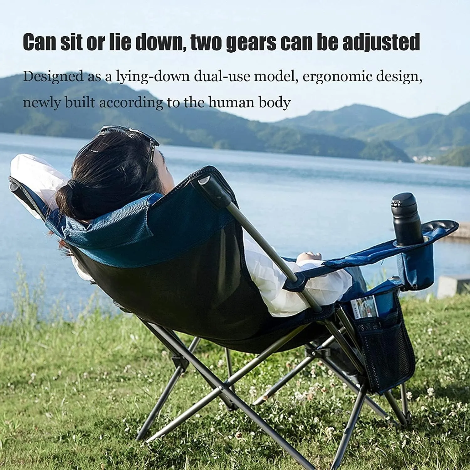 Lightweight Camping Chair Outdoor Folding Chair Portable Lawn Folding Seat Armchair with Cup Holder Pillow and Carry Bag Leisure Recliner Stool Outdoor Hiking (Color : Green)