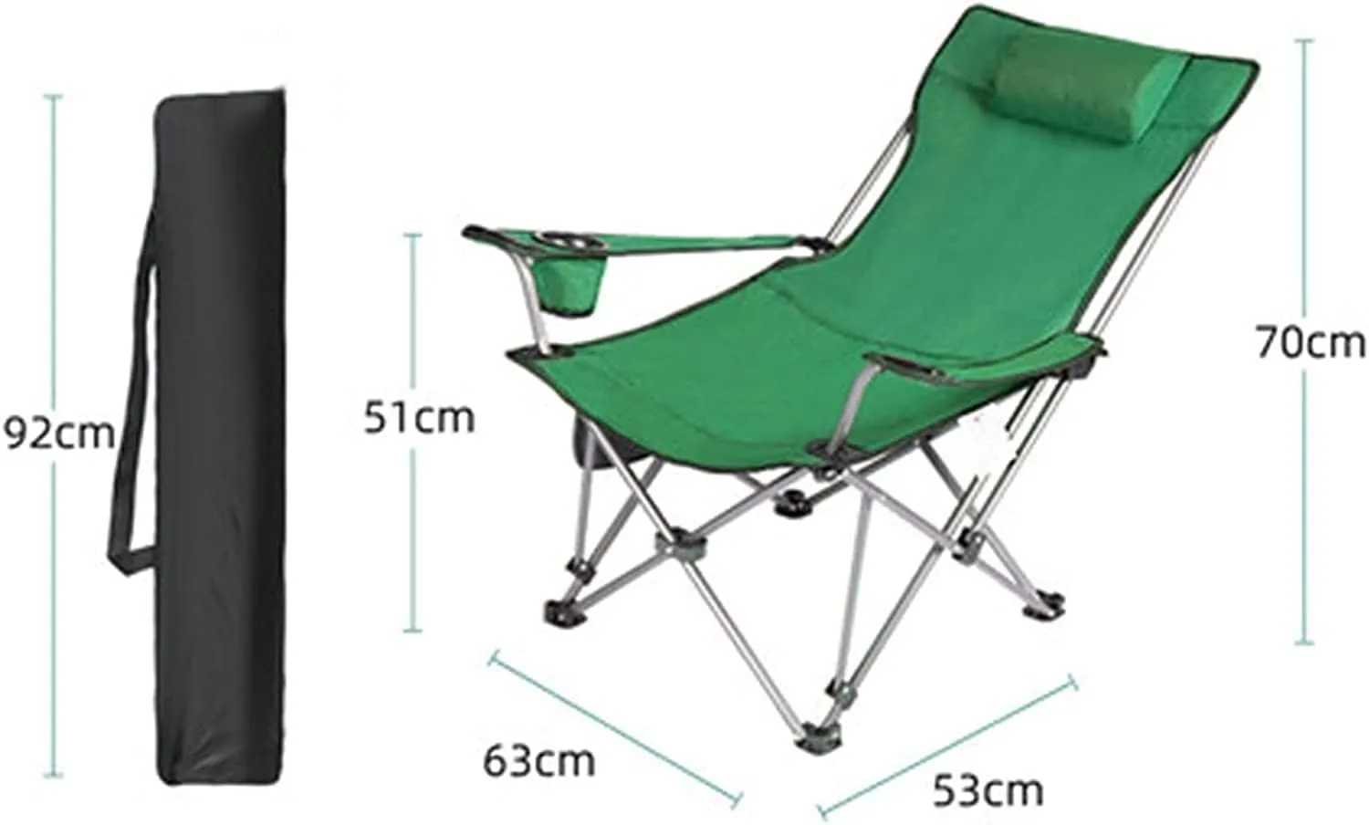 Lightweight Camping Chair Outdoor Folding Chair Portable Lawn Folding Seat Armchair with Cup Holder Pillow and Carry Bag Leisure Recliner Stool Outdoor Hiking (Color : Green)