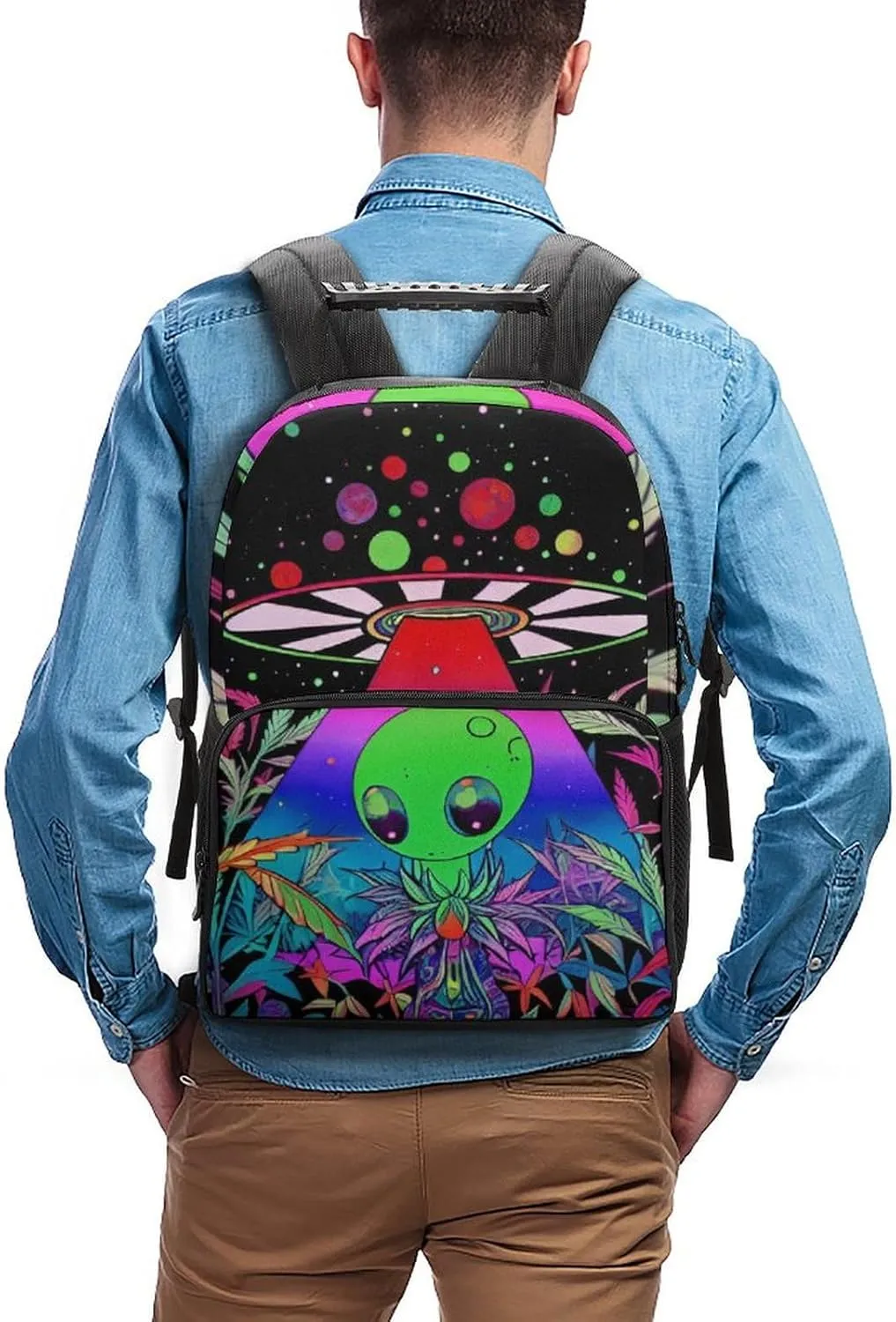Lightweight Daypack Backpack for Trekking Work Running - Big Capacity Multipurpose Anti-Theft Bookbag, Psychedelic Space Alien Marijuanaweed Art Business Computer Bag