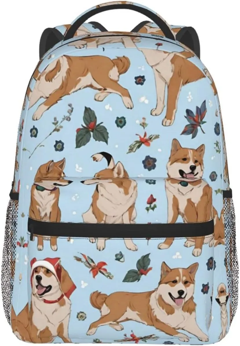 Lightweight Daypack Bookbag for Trekking Business Walking Cycling - Big Capacity Anti-Theft Multipurpose Carry On Bag, Shiba Inu Christmas Dogs Blue Art Business Computer Bag