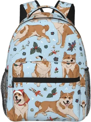 Lightweight Daypack Bookbag for Trekking Business Walking Cycling - Big Capacity Anti-Theft Multipurpose Carry On Bag, Shiba Inu Christmas Dogs Blue Art Business Computer Bag