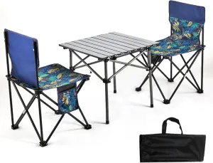 Lightweight Picnic Table with Aluminum Roll-up Table and Portable Camp Chairs Folding Camping Table and Chair, Foldable Lawn Chair with Carrying Bag, Blue