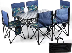 Lightweight Picnic Table with Aluminum Roll-up Table and Portable Camp Chairs Folding Camping Table and Chair, Foldable Lawn Chair with Carrying Bag, Blue