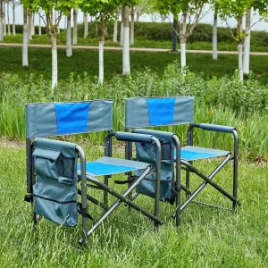 Lightweight Two-Piece Padded Folding Outdoor Chair Set, Comfortable Oversized Design with Storage Pockets, Blue/Grey