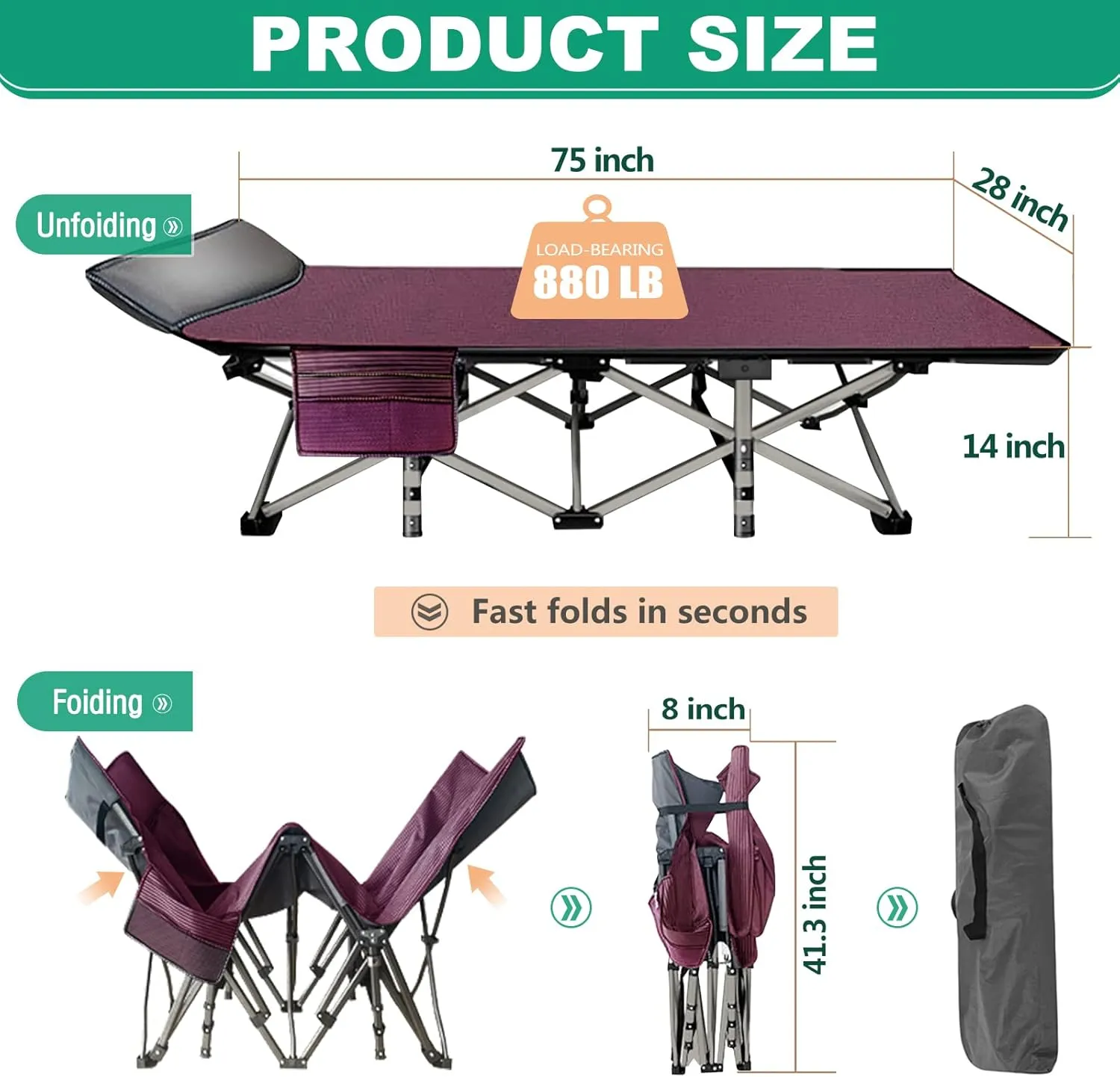 LILYPELLE Folding Camping Cot, Heavy Duty Sleeping Cots with Carry Bag, Double Layer Oxford Portable Travel Camp Cots for Home, Office Nap and Outdoor Beach