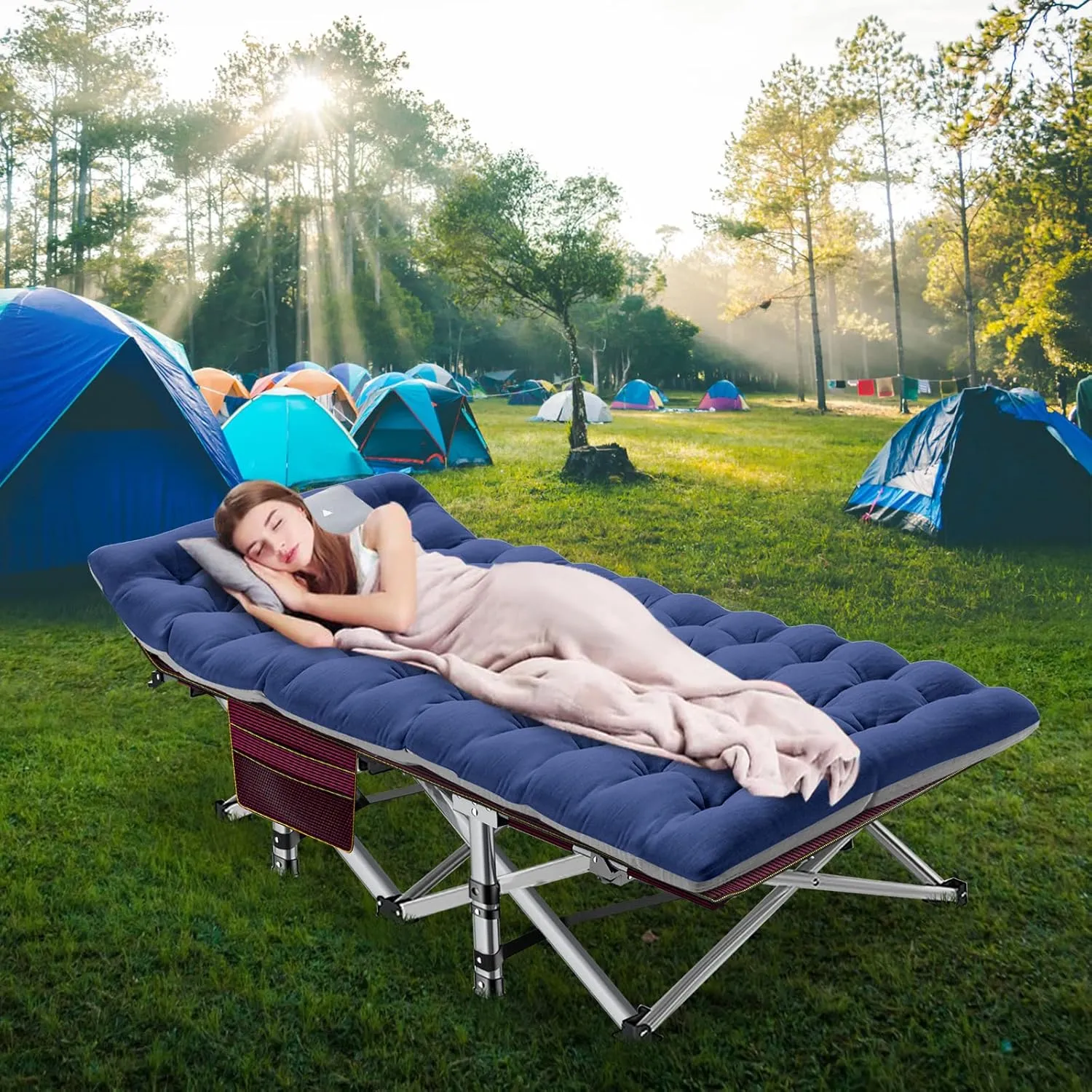 LILYPELLE Folding Camping Cot, Heavy Duty Sleeping Cots with Carry Bag, Double Layer Oxford Portable Travel Camp Cots for Home, Office Nap and Outdoor Beach