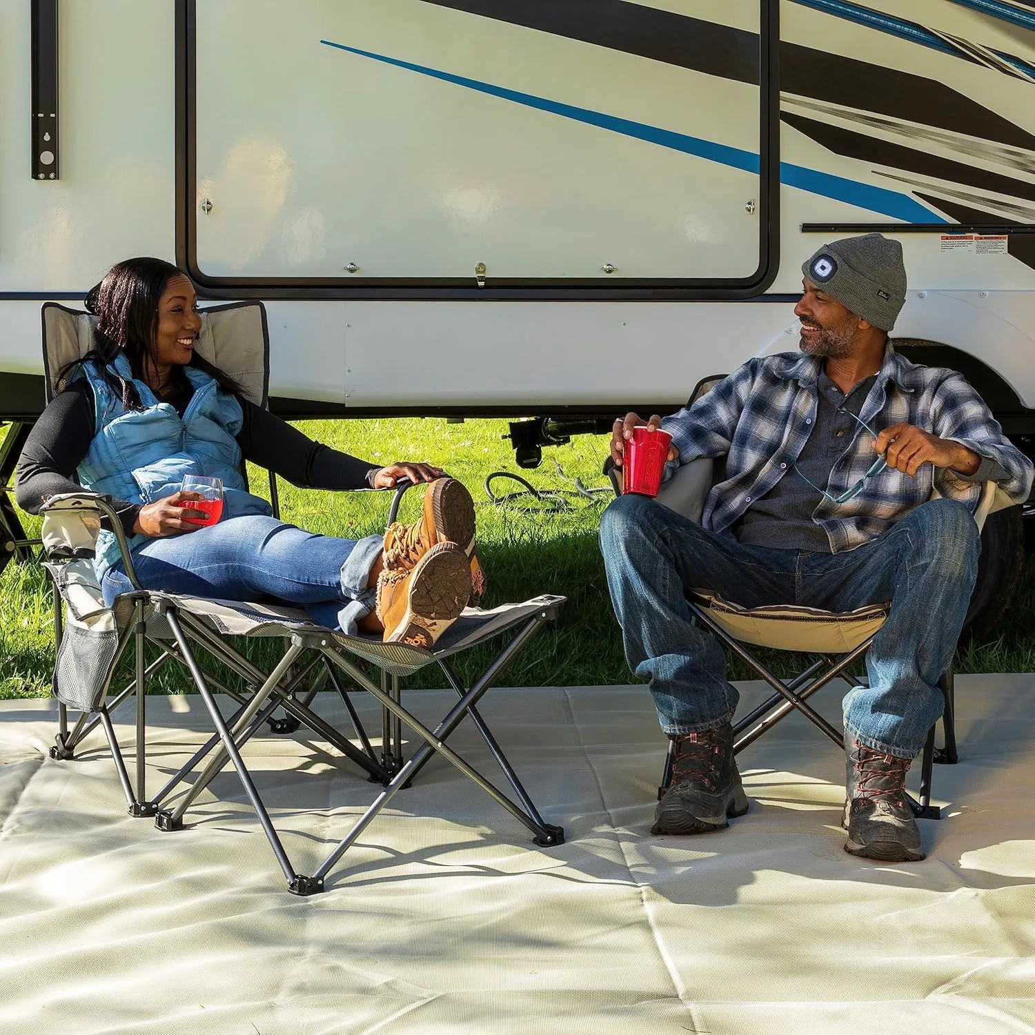 Lippert Sun Soaker Two-Position Vented Reclining Camping Chair with Footrest, 600D Polyester Fabric, Mesh Back/Seat, Padded Headrest, Cupholder, 250-lb. Weight Capacity, Sand Color - 2022114829
