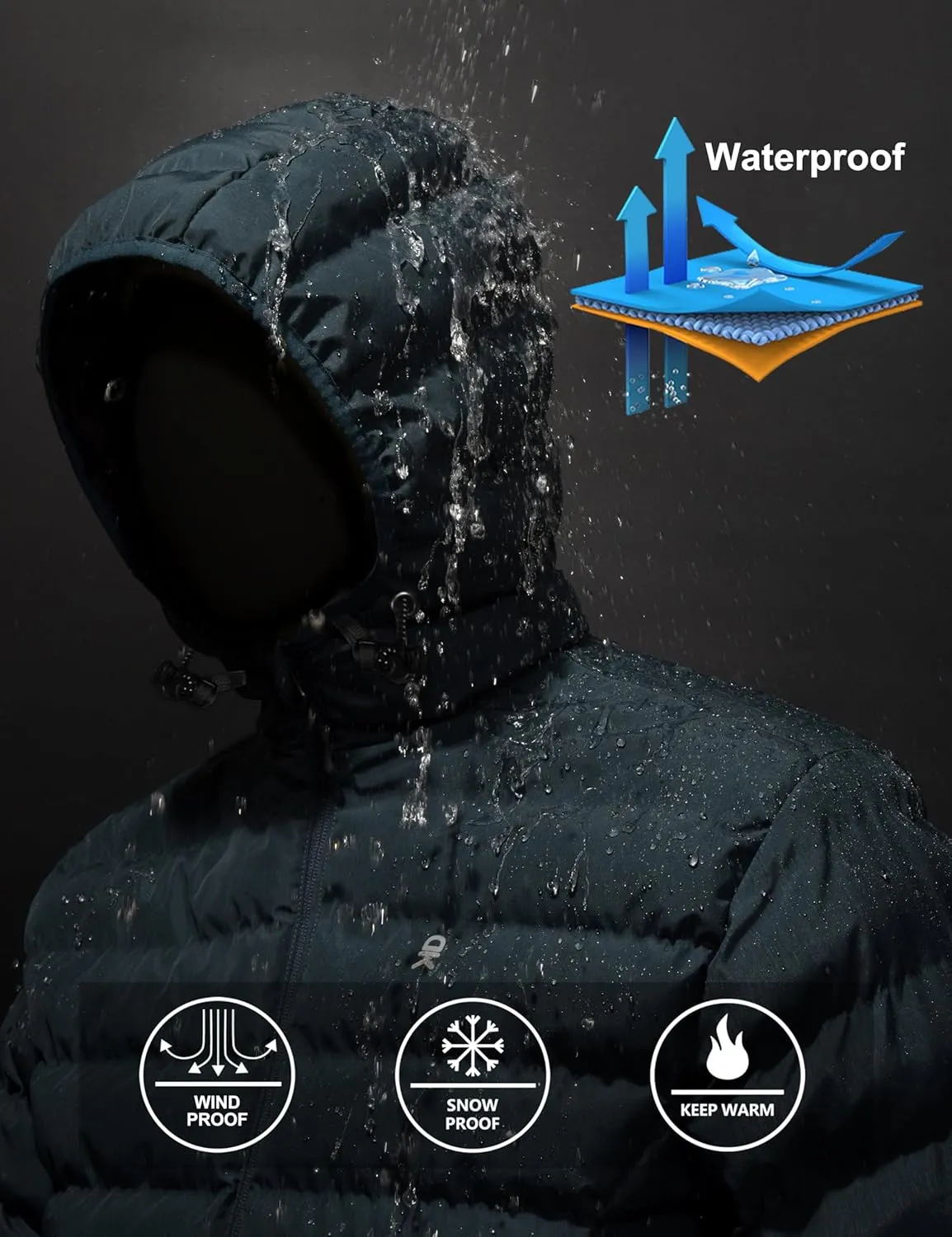 Little Donkey Andy Men's Warm Waterproof Puffer Jacket Hooded Windproof Winter Coat with Recycled Insulation