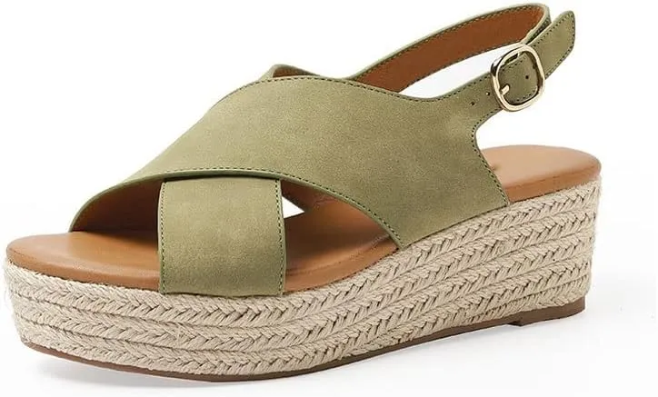 ls For Women Cross Strap Fish Mouth Wedge Heel Hemp Rope Thick Bottom Comfortable Platform ls For WomenGreen,5.5 UK
