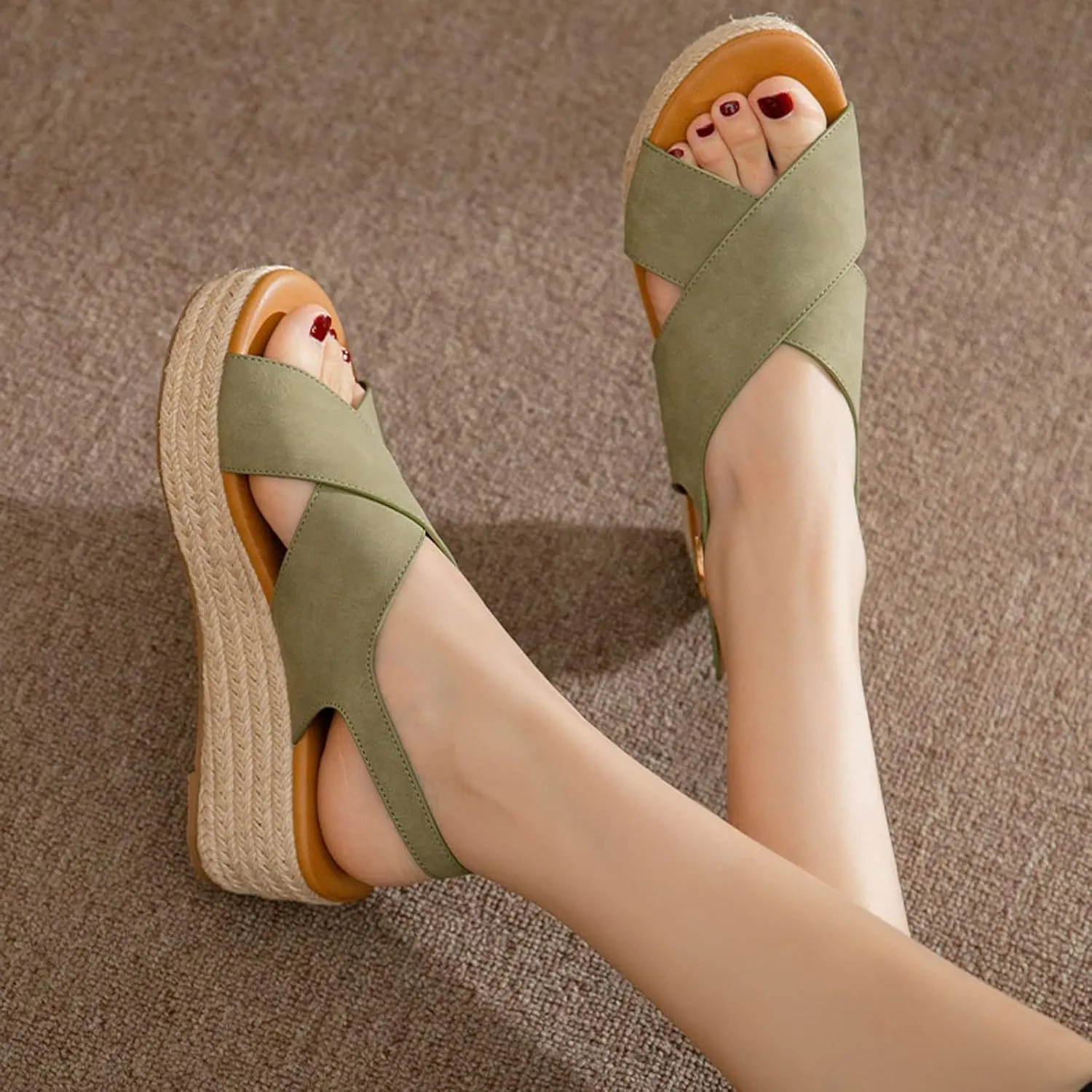 ls For Women Cross Strap Fish Mouth Wedge Heel Hemp Rope Thick Bottom Comfortable Platform ls For WomenGreen,5.5 UK