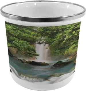 Lunarable Waterfall Steel Camping Mug, Majestic Cascade Down to River Deep Down in The Forest Natural Wonders Photo, Printed Thermal Cup for Camping and Outdoor Activities, Green Blue